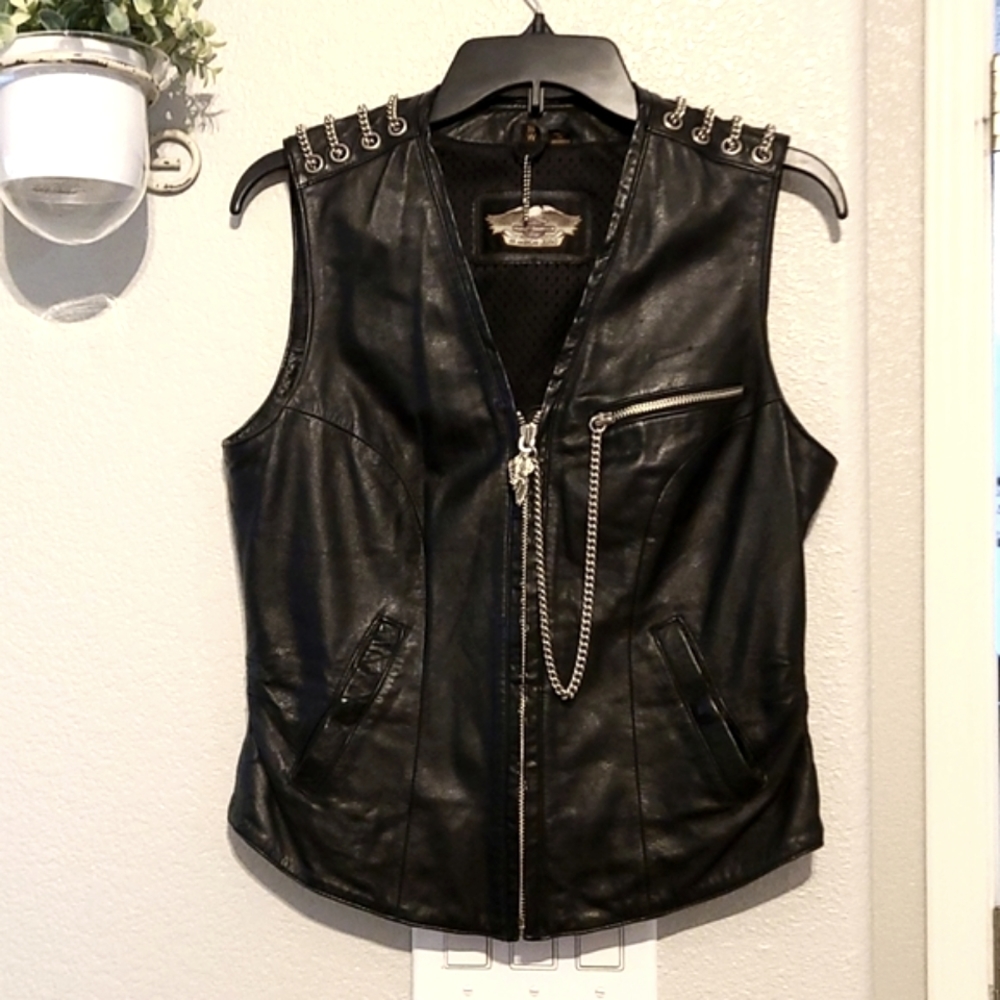 Harley Davidson Leather Vest Eagle Patch Metal Womens Medium